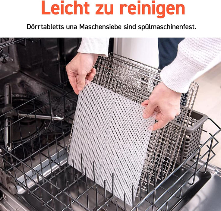 Dörrautomat edelstahl, Food Dehydrator mit 50 Rezepte, inkl. 6 Edelstahl-Dörrtabletts, 3 Dörrgitter, 3 Dörrmatte, große Fläche 0,6 m²