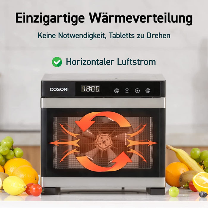 Dörrautomat edelstahl, Food Dehydrator mit 50 Rezepte, inkl. 6 Edelstahl-Dörrtabletts, 3 Dörrgitter, 3 Dörrmatte, große Fläche 0,6 m²