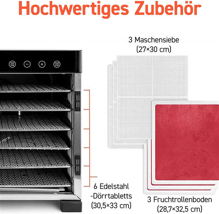 Dörrautomat edelstahl, Food Dehydrator mit 50 Rezepte, inkl. 6 Edelstahl-Dörrtabletts, 3 Dörrgitter, 3 Dörrmatte, große Fläche 0,6 m²