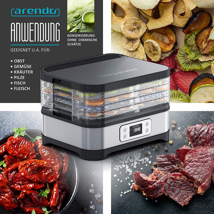 Dörrautomat mit Temperaturregler - Edelstahl Dörrgerät für Lebensmittel Fleisch Früchte Gemüse - 260 W - mit Timer bis zu 72 h - 35-70 Grad 
