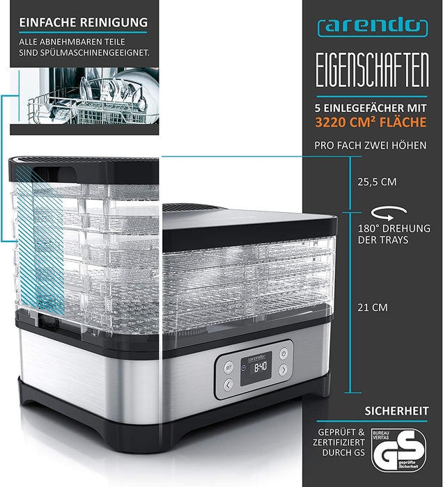 Dörrautomat mit Temperaturregler - Edelstahl Dörrgerät für Lebensmittel Fleisch Früchte Gemüse - 260 W - mit Timer bis zu 72 h - 35-70 Grad 