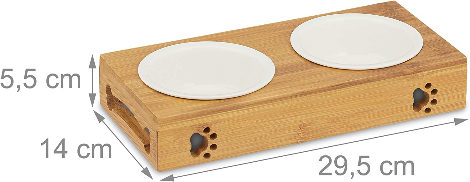 Doppel Napfständer Bambus, Keramikschalen Wasser & Futter, spülmaschinenfest, Napfbar Katzen, kl. Hunde, natur, M