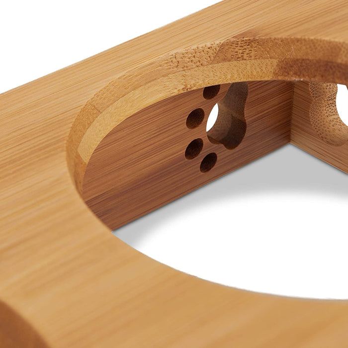 Doppel Napfständer Bambus, Keramikschalen Wasser & Futter, spülmaschinenfest, Napfbar Katzen, kl. Hunde, natur, M