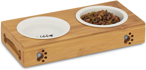 Doppel Napfständer Bambus, Keramikschalen Wasser & Futter, spülmaschinenfest, Napfbar Katzen, kl. Hunde, natur, M