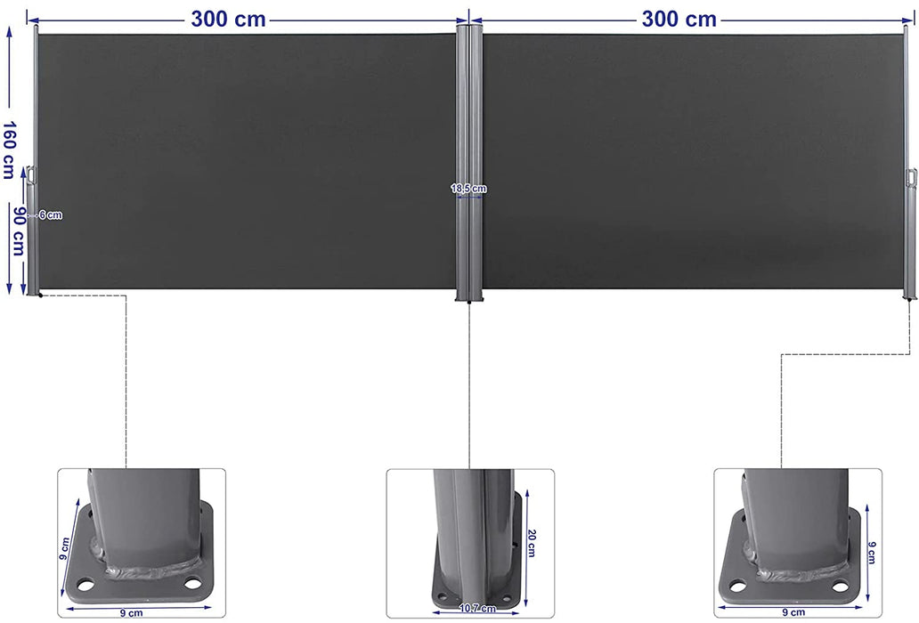 Doppelseitenmarkise, ausziehbar, 1,6 x 6 m (H x L), ausziehbare Seitenmarkise, Sichtschutz, Sonnenschutz, Seitenrollo, für Balkon, Terrasse und Garten