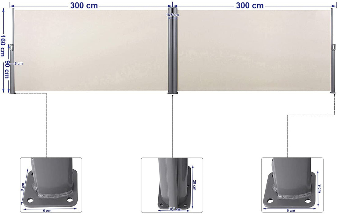 Doppelseitenmarkise, ausziehbar, 1,6 x 6 m (H x L), ausziehbare Seitenmarkise, Sichtschutz, Sonnenschutz, Seitenrollo, für Balkon, Terrasse und Garten,