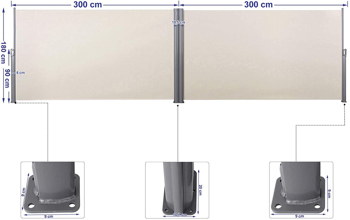 Doppelseitenmarkise, ausziehbar, 1,8 x 6 m (H x L), ausziehbare Seitenmarkise, Sichtschutz, Sonnenschutz, Seitenrollo, für Balkon, Terrasse und Garten