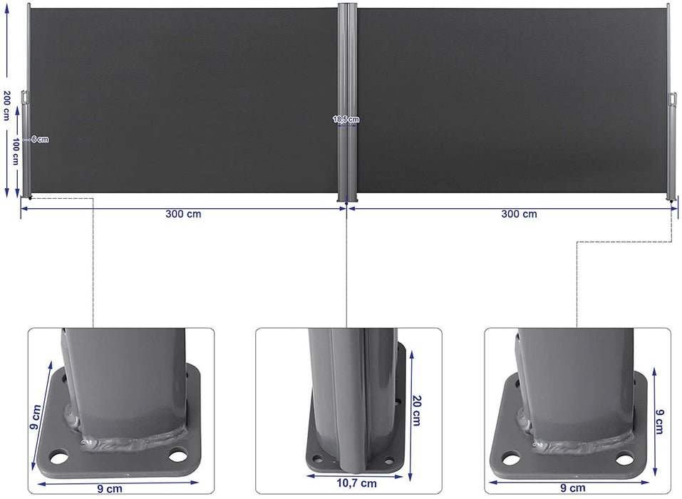 Doppelseitenmarkise, ausziehbar, 2 x 6 m (H x L), ausziehbare Seitenmarkise, Sichtschutz, Sonnenschutz, Seitenrollo, für Balkon, Terrasse und Garten