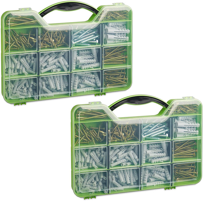 Dübel Schrauben Set, Sortimentskoffer mit Spreizdübeln, Sechskant- & Spanplattenschrauben, 14 Fächer, grün