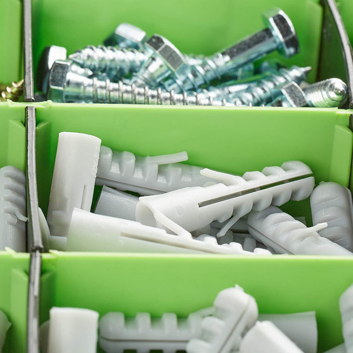 Dübel Schrauben Set, Sortimentskoffer mit Spreizdübeln, Sechskant- & Spanplattenschrauben, 14 Fächer, grün
