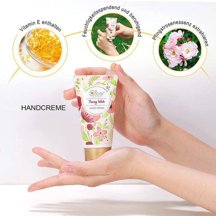 Duftkerze Handcreme Geschenkset Frauen, 4 tlg. Pfingstrosenduft Geschenkbox, Duftkeze, Handcreme, Fußcreme, Seife, Geburtstagsgeschenk, Beautyset