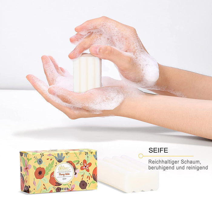 Duftkerze Handcreme Geschenkset Frauen, 4 tlg. Pfingstrosenduft Geschenkbox, Duftkeze, Handcreme, Fußcreme, Seife, Geburtstagsgeschenk, Beautyset