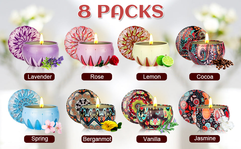 Duftkerzen Geschenkset für Frauen, 8er-Pack 2,8 Unzen Aromatherapie-Kerzen Natürliches Sojawachs Reisedose Stressabbau Duftkerze für Muttertag