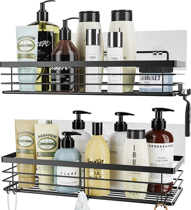 Duschablage ohne Bohren mit 5 Haken, Badezimmer duschregal ohne bohren Selbstklebend Duschablage SUS304 Edelstahl - 2 Stück (Schwarz)