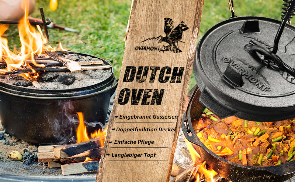 Oven Feuertopf Eingebrannter Gusseisen Kochtopf mit Füßen Doppelfunktion Deckel Deckelheber E-Book für Garten Lagerfeuer Camping Größe L
