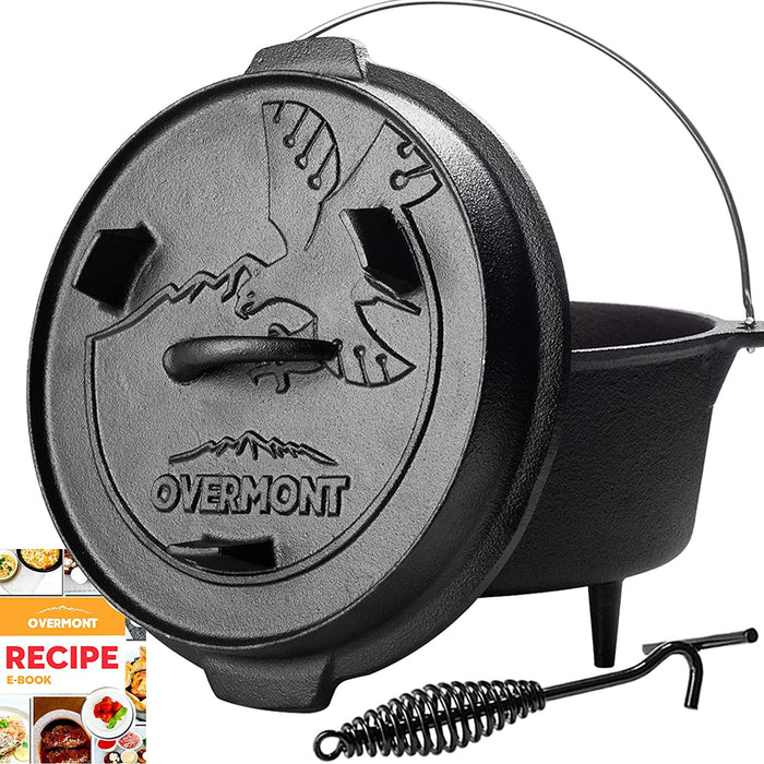 Oven Feuertopf Eingebrannter Gusseisen Kochtopf mit Füßen Doppelfunktion Deckel Deckelheber E-Book für Garten Lagerfeuer Camping Größe L