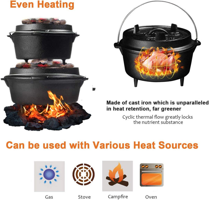 Dutch Oven Feuertopf Eingebrannter Gusseisen Kochtopf mit Füßen Doppelfunktion Deckel Deckelheber E-Book für Garten Lagerfeuer Camping Größe M