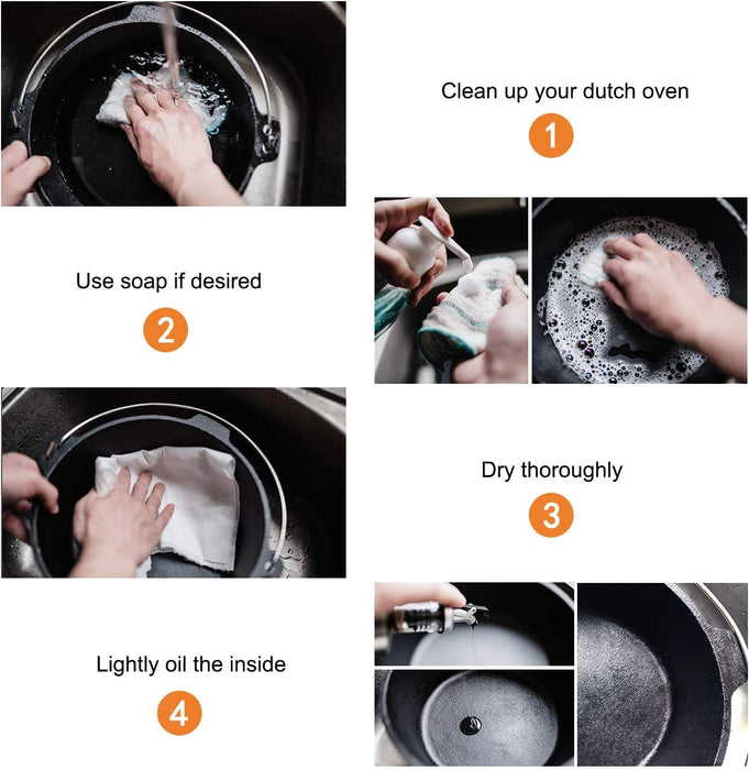 Dutch Oven Feuertopf Eingebrannter Gusseisen Kochtopf mit Füßen Doppelfunktion Deckel Deckelheber E-Book für Garten Lagerfeuer Camping Größe M