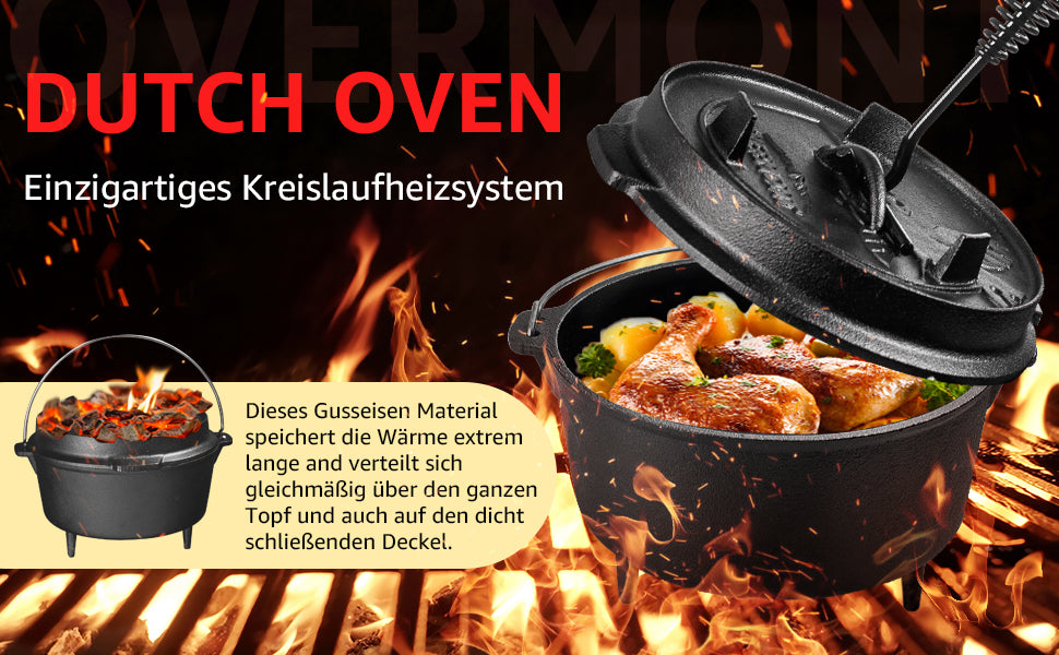 Dutch Oven Feuertopf Eingebrannter Gusseisen Kochtopf mit Füßen Doppelfunktion Deckel Deckelheber E-Book für Garten Lagerfeuer Camping Größe M