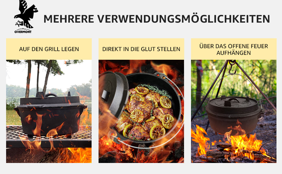 Dutch Oven Feuertopf Eingebrannter Gusseisen Kochtopf mit Füßen Doppelfunktion Deckel Deckelheber E-Book für Garten Lagerfeuer Camping Größe M