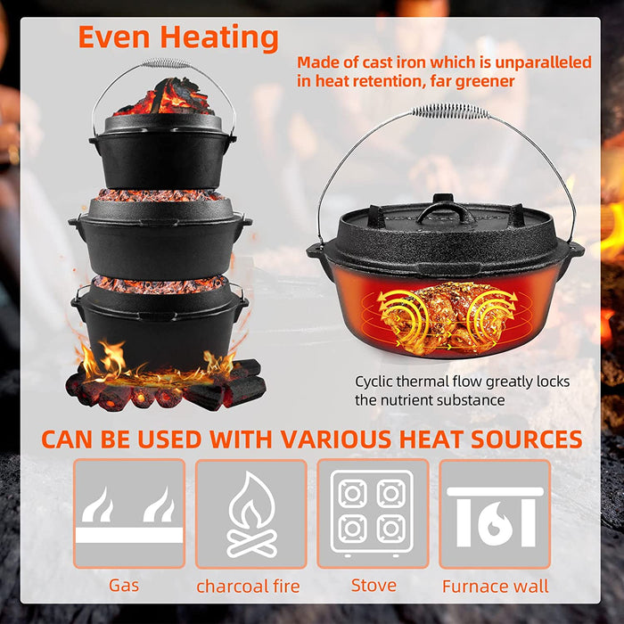 Dutch Oven Set Gusseisen ca. 6  L Grilltopf Feuertopf Topf für Grill und Camping Feuertopf Set