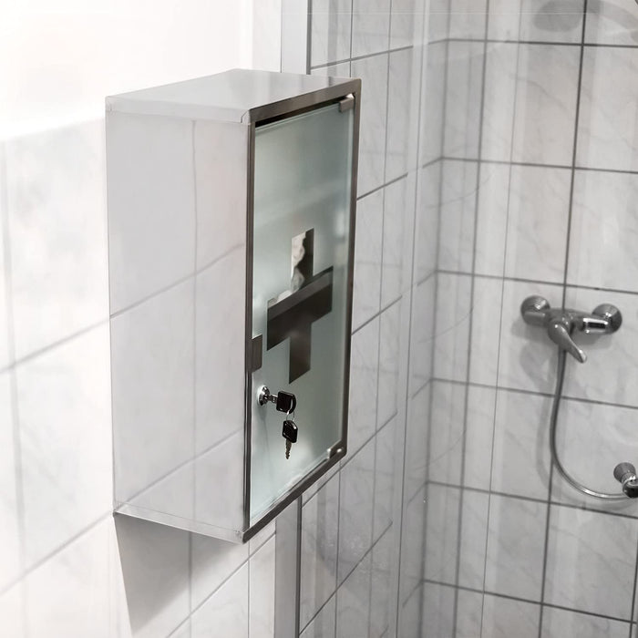 EMERGENCY Medizinschrank XL extra tief aus Edelstahl HxBxT ca. 50,5 x 30 x 18 cm mit 3 Fächern und Glas-Tür zum Abschließen mit 2 Schlüsseln für kindersichere Medikamenten-Lagerung, silber