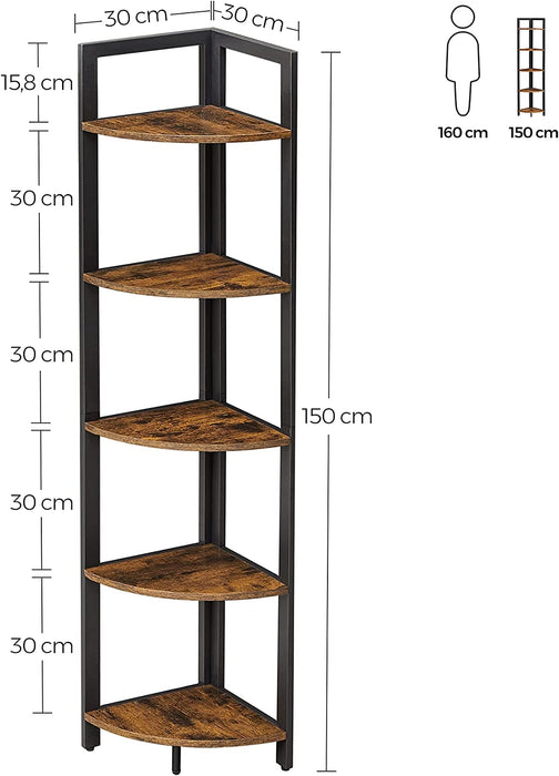 Eckregal mit 5 Ablagen, Bücherregal, Aufbewahrungsregal, multifunktional, für Wohnzimmer, Schlafzimmer, Büro, 30 x 30 x 150 cm, Industrie-Design