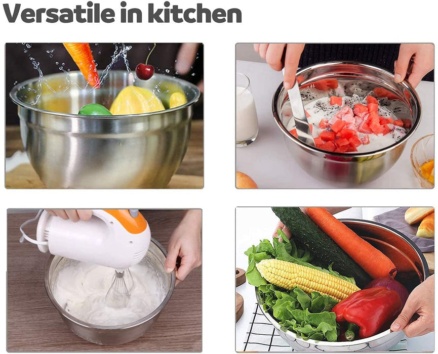 Edelstahl-Rührschüsseln mit luftdichten Deckeln (6er-Set), Nistschalen für Stapelbar, 3 Reibeaufsätze und rutschfeste Silikonunterseite