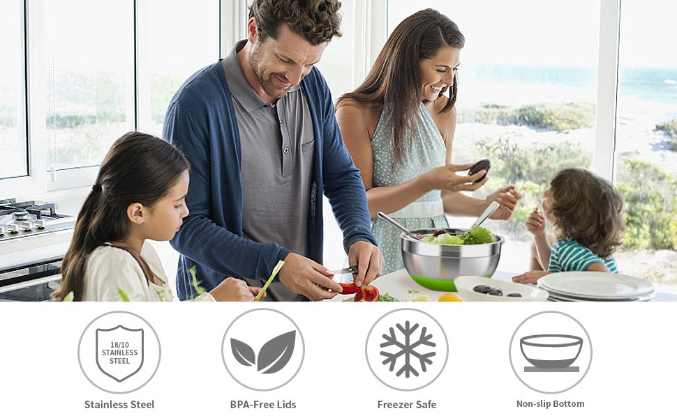 Edelstahl-Rührschüsseln mit luftdichten Deckeln (6er-Set), Nistschalen für Stapelbar, 3 Reibeaufsätze und rutschfeste Silikonunterseite