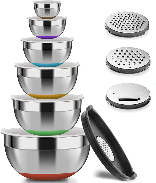 Edelstahl-Rührschüsseln mit luftdichten Deckeln (6er-Set), Nistschalen für Stapelbar, 3 Reibeaufsätze und rutschfeste Silikonunterseite