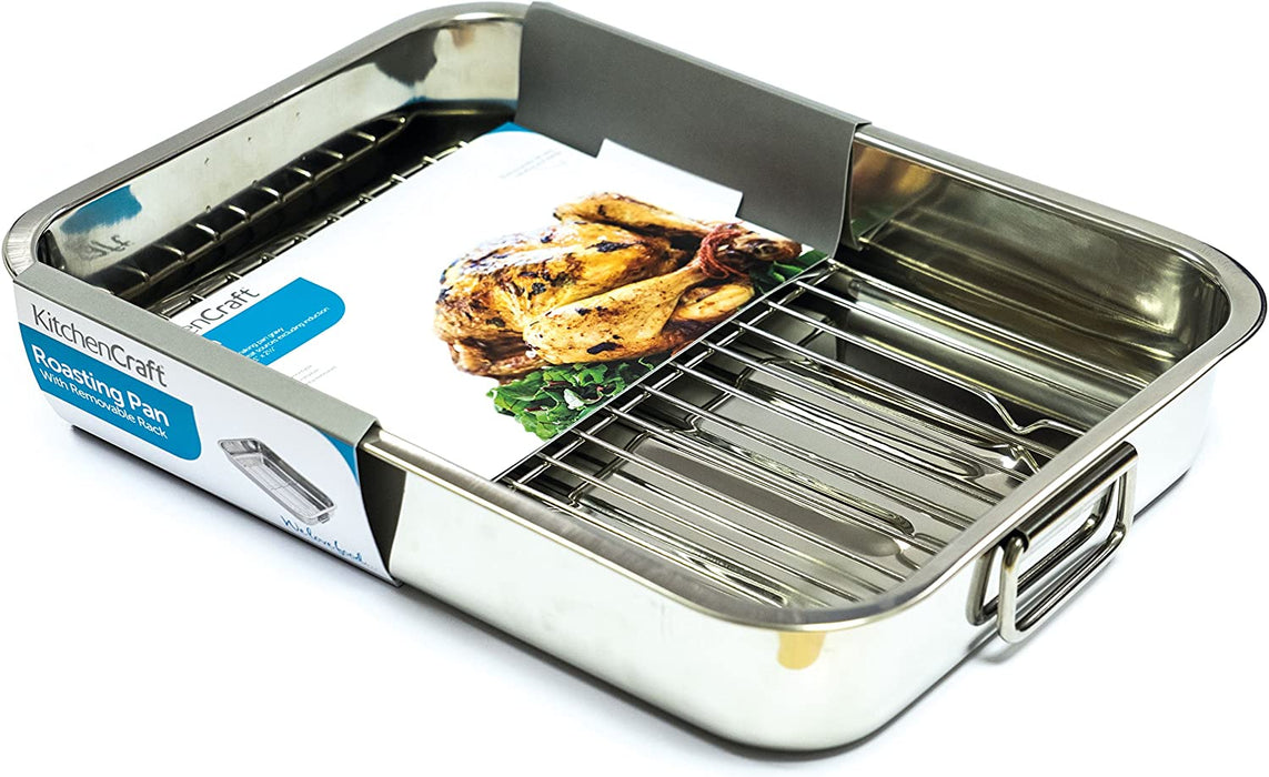 Edelstahl Bratenform, Bräter mit Grillrost, Gitterost für Backofen, Silber Edelstahl, Mittelgroß 37 x 28 cm