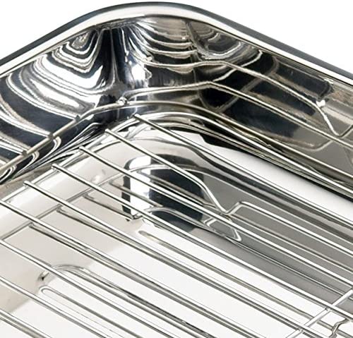 Edelstahl Bratenform, Bräter mit Grillrost, Gitterost für Backofen, Silber Edelstahl, Mittelgroß 37 x 28 cm