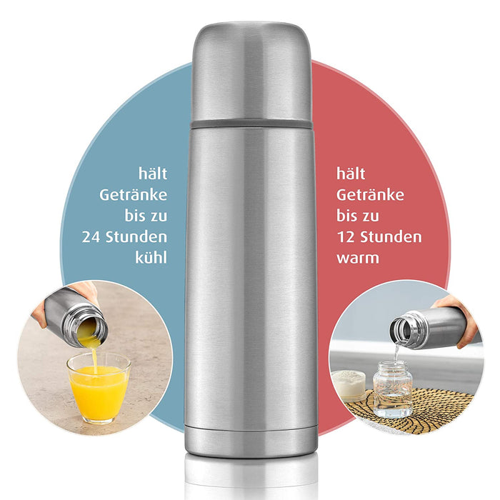 Edelstahl Isolier-Flasche PURE, 450 ml – klein, handlich, ideal fürs Baby, mit integriertem Becher, silber