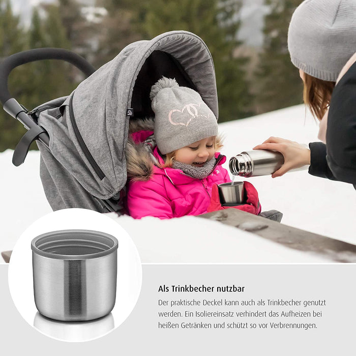 Edelstahl Isolier-Flasche PURE, 450 ml – klein, handlich, ideal fürs Baby, mit integriertem Becher, silber