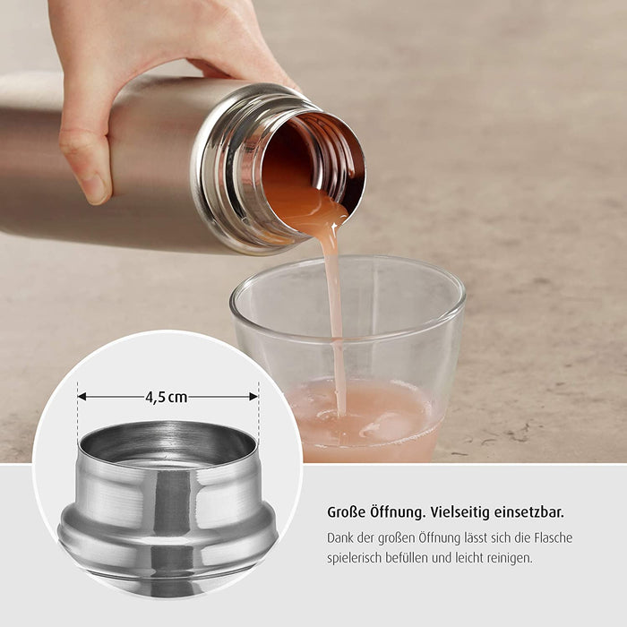 Edelstahl Isolier-Flasche PURE, 450 ml – klein, handlich, ideal fürs Baby, mit integriertem Becher, silber