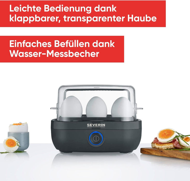 Eierkocher für 6 Eier, inkl. Messbecher mit Eierstecher, Eier Kocher mit Signalton nach Ende der Kochzeit, schwarz, ca. 420 W
