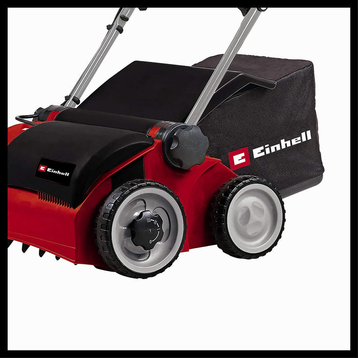 Einhell Elektro-Vertikutierer-Lüfter (1400 W, 33 cm Arbeitsbreite, 3-fach höhenverstellbar, 28 l, empfohlen für Flächen bis 400 m²), Schwarz Rot