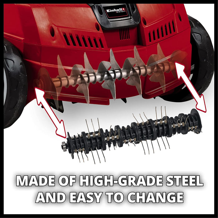 Einhell Elektro-Vertikutierer-Lüfter (230 V, bis 300 m², 1.2 W, 28l Fangsack, 31 cm Arbeitsbreite,kugelgelagerte Messerwalze + Lüfterwalze, 3 Stufen)