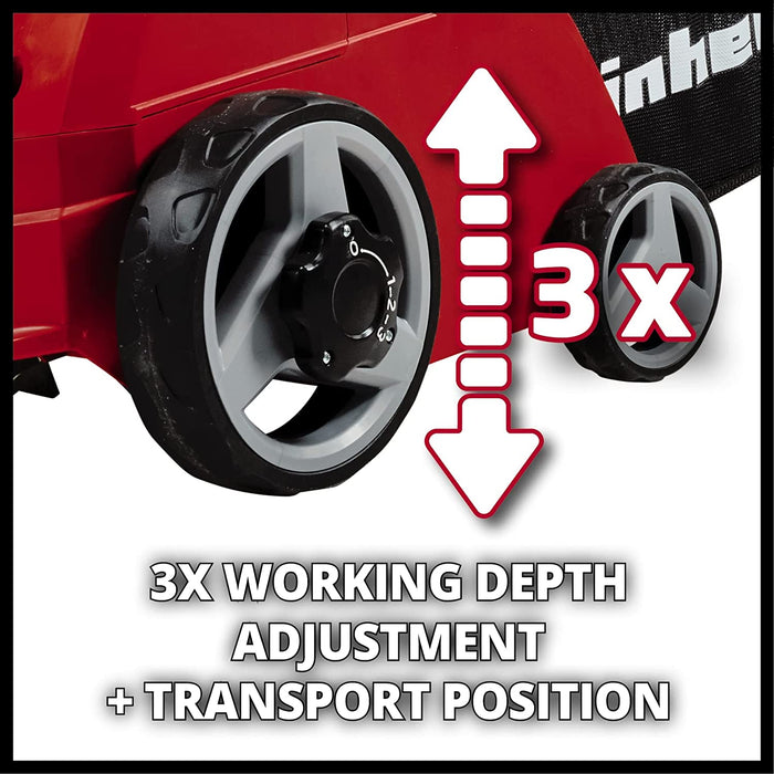 Einhell Elektro-Vertikutierer-Lüfter (230 V, bis 300 m², 1.2 W, 28l Fangsack, 31 cm Arbeitsbreite,kugelgelagerte Messerwalze + Lüfterwalze, 3 Stufen)
