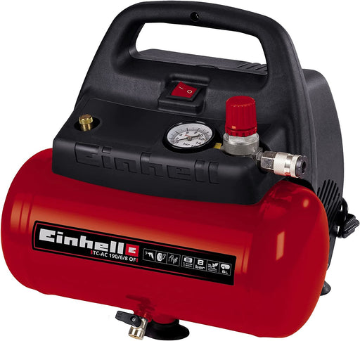 Einhell Kompressor (1100 W., max. 8 bar, 6 l-Tank, 185 l/min Ansaugleistung, Motordrehzahl 15000 min^-1, Druckminderer, Manometer, ölfrei)