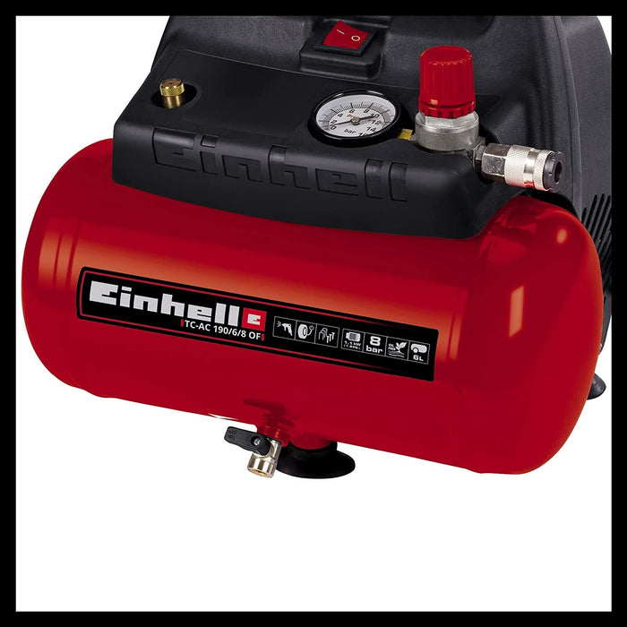 Einhell Kompressor (1100 W., max. 8 bar, 6 l-Tank, 185 l/min Ansaugleistung, Motordrehzahl 15000 min^-1, Druckminderer, Manometer, ölfrei)