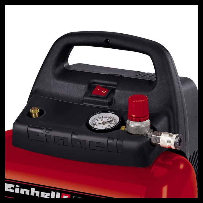 Einhell Kompressor (1100 W., max. 8 bar, 6 l-Tank, 185 l/min Ansaugleistung, Motordrehzahl 15000 min^-1, Druckminderer, Manometer, ölfrei)