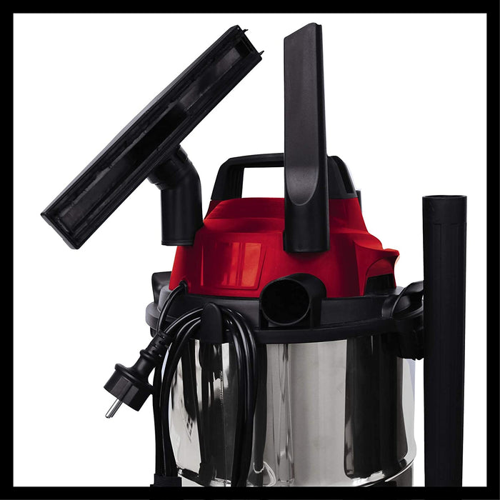 Einhell Nass-Trockensauger (1.250 W Leistung, 36mm Schlauchsystem, 12 l Edelstahlbehälter, Schaumstofffilter, umfangr. Düsenzubehör), Rot, Schwarz, Weiss