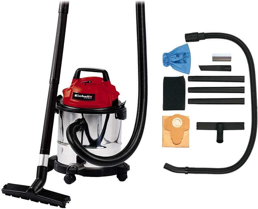 Einhell Nass-Trockensauger (1.250 W Leistung, 36mm Schlauchsystem, 12 l Edelstahlbehälter, Schaumstofffilter, umfangr. Düsenzubehör), Rot, Schwarz, Weiss