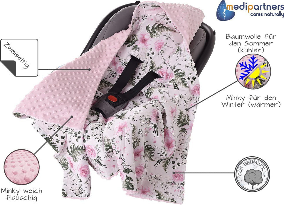 Einschlagdecke 100% Baumwolle 85x85cm doppelseitig multifunktional Minky Kuscheldecke für Kinderwagen weich flauschig