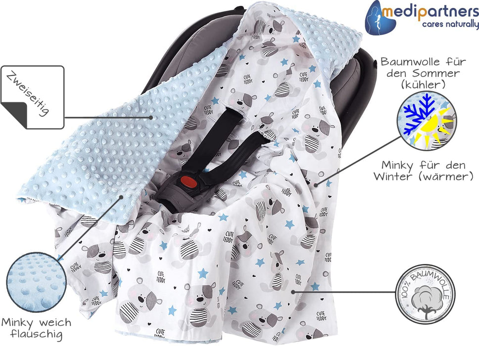 Einschlagdecke 100% Baumwolle 85x85cm doppelseitig multifunktional Minky Kuscheldecke für Kinderwagen weich flauschig