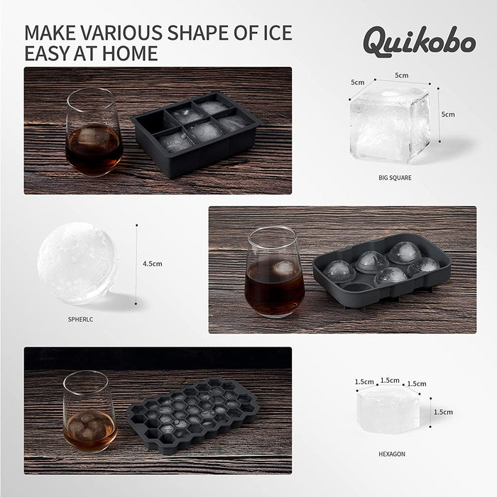 Eiswürfelform Silikon Combo Formen - 3er Set, Kugel-Eis Bereiter, große Würfel & sechseckige Eisformen mit Deckel, Flexible Eiswürfelform für Whiskey