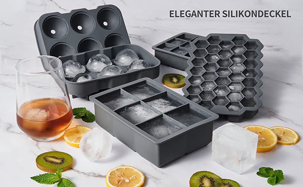 Eiswürfelform Silikon Combo Formen - 3er Set, Kugel-Eis Bereiter, große Würfel & sechseckige Eisformen mit Deckel, Flexible Eiswürfelform für Whiskey