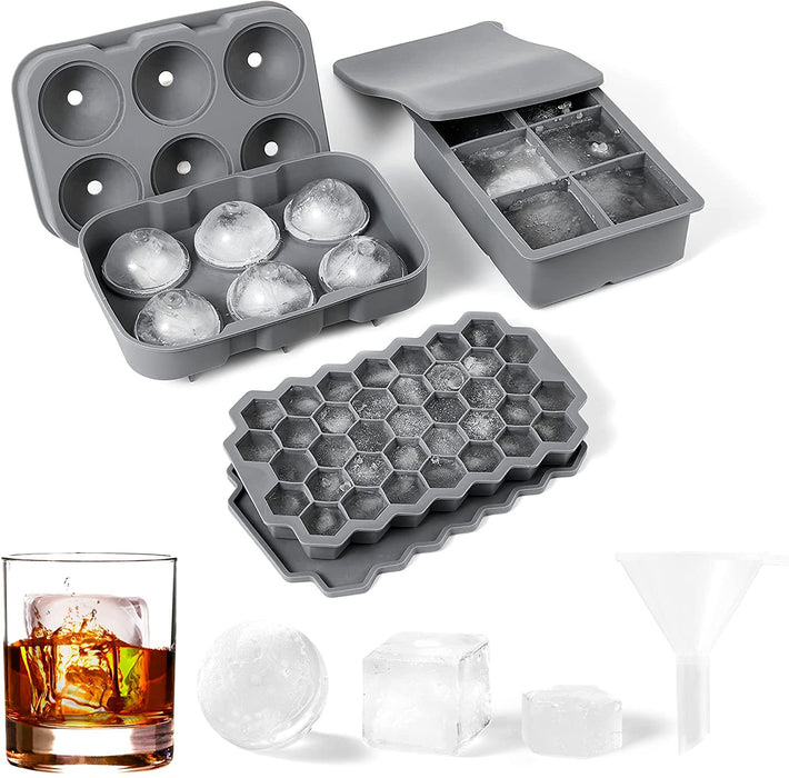 Eiswürfelform Silikon Combo Formen - 3er Set, Kugel-Eis Bereiter, große Würfel & sechseckige Eisformen mit Deckel, Flexible Eiswürfelform für Whiskey