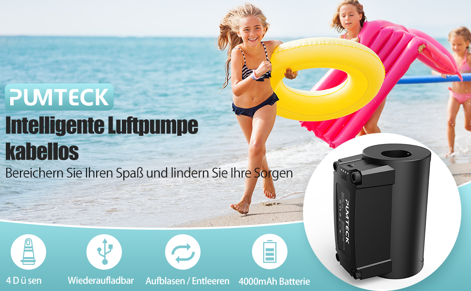 Elektrische Luftpumpe, Kabellos Inflator Deflator Electric Luftpumpe Wiederaufladbare mit 4 Düsen für Luftmatratze Luftbett Flöße Sofas Boot